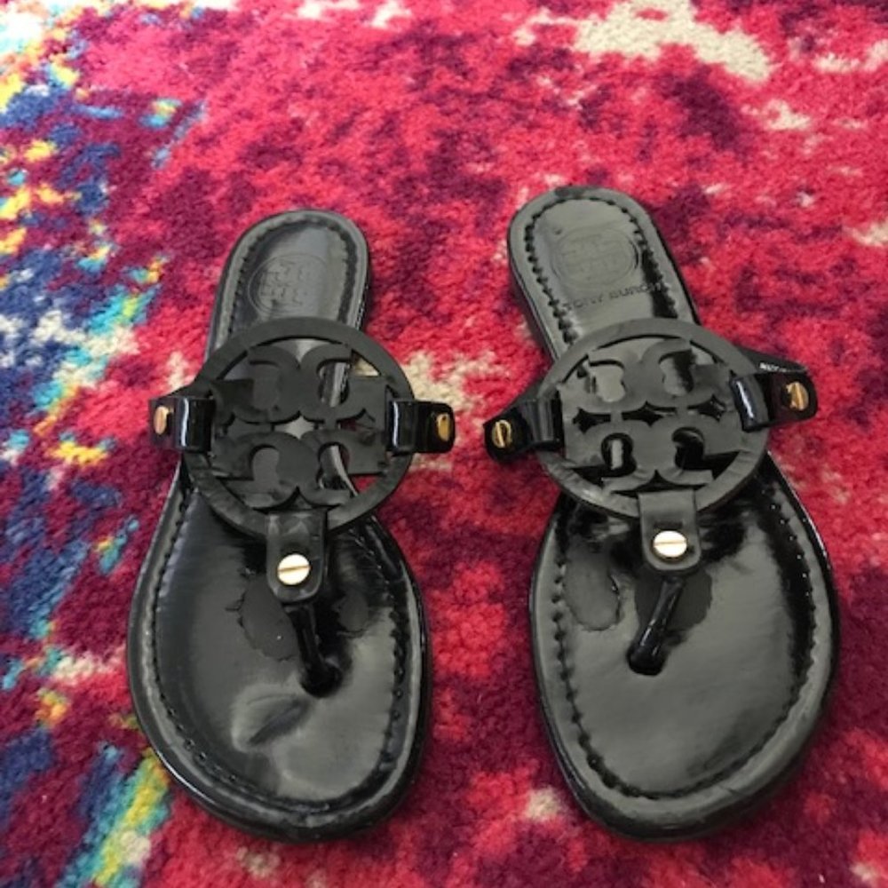 Tory Burch black patent Miller sandals